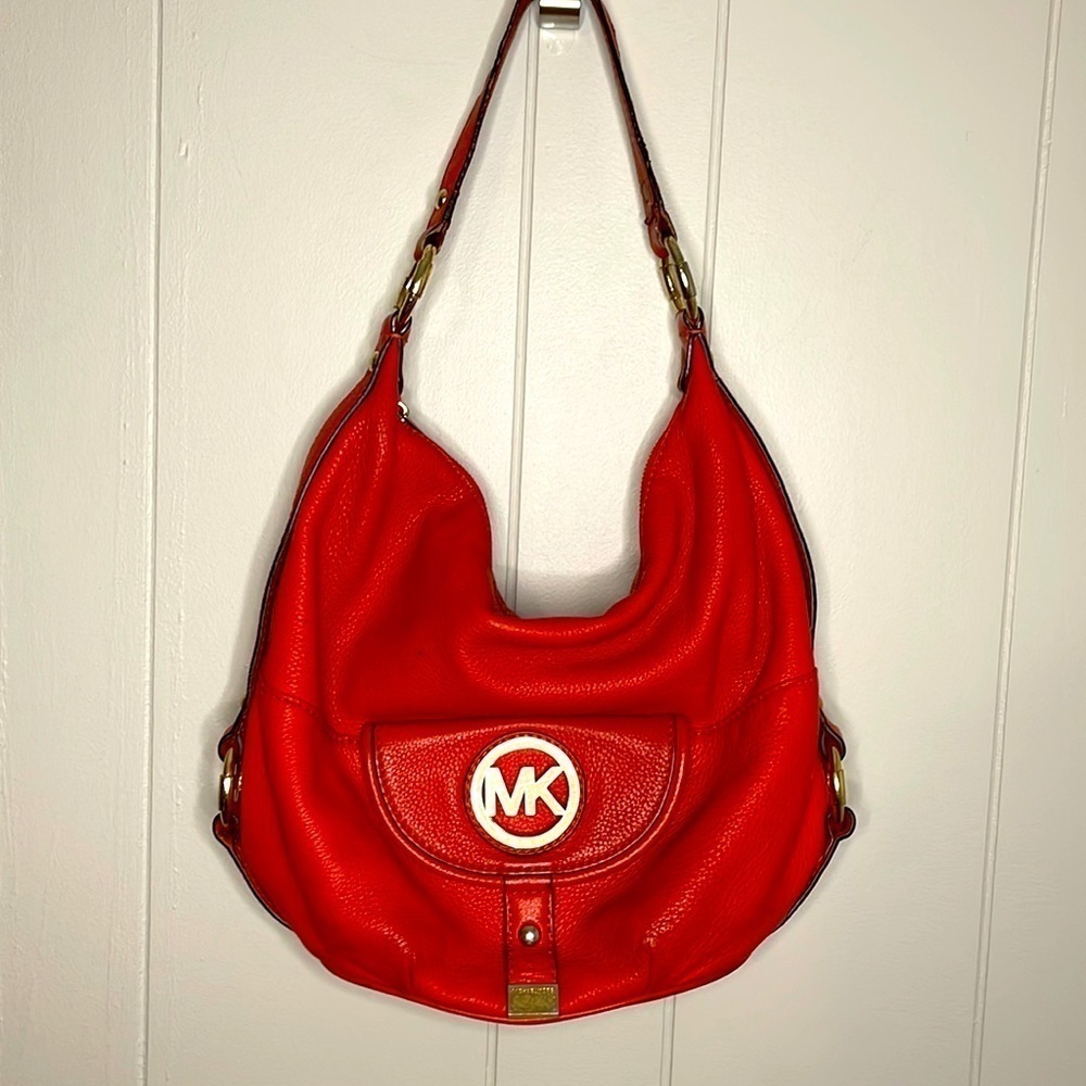 Michael Kors Fulton Orange Red Pebbled Leather Handbag Shoulder Bag